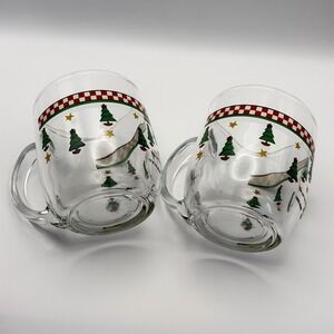 Vintage Debbie Mumm Christmas Glass Mug Set Trees Sakura Magic Of Santa 1997 USA